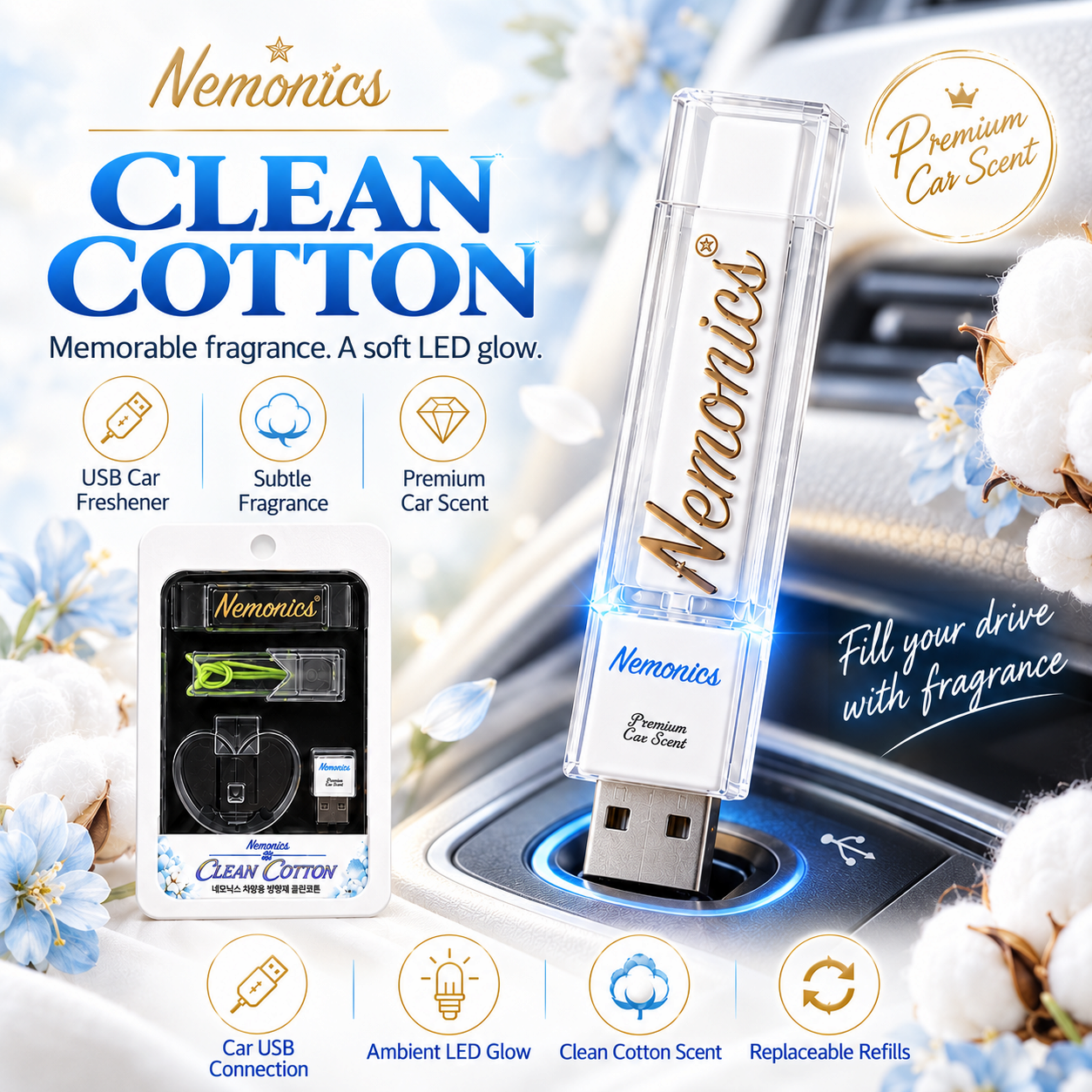 Nemonics Premium Korean Car Air Freshener Set  USB LED _ Mirror Pendant
